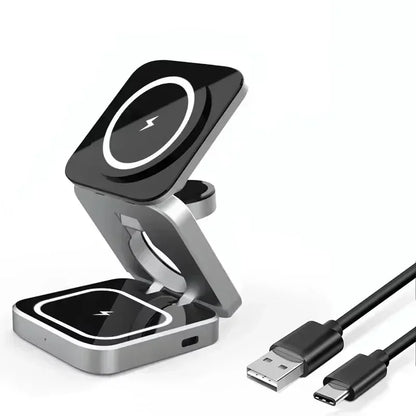 3 IN 1 Magnetic Fast Wirreless Charger Stand Foldable Desktop Phone Holder For Magsafe iPhone 16-12 Apple Watch 10/9/8/7 Airpods