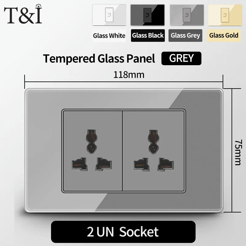 T&I US Standard 118 Wall Outlet with Switch, Tempered Glass Panel, USB and Type-C Charging Ports