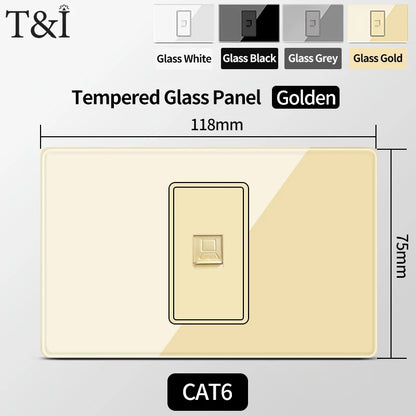 T&I US Standard 118 Wall Outlet with Switch, Tempered Glass Panel, USB and Type-C Charging Ports