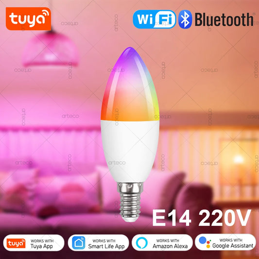 Tuya E14 Candle Lamp Smart Life App Control Smart Bulb WiFi Bluetooth RGB+CW LED Light 220V Dimmable Crystal Lamps Room Decorate