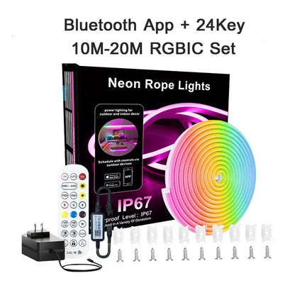 20M LED RGBIC Neon Rope Lights, 24V Music Sync App/Remote Control DIY Rope Light, 50ft LED Light Addressable Strip Gaming Room