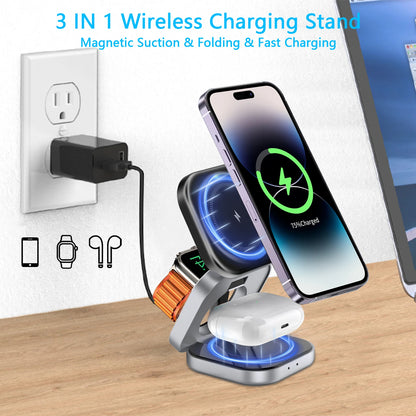 3 in 1 Wireless Charging Stand - Magnetic, Foldable, Fast Charging for iPhone, iWatch, AirPods，usb c to lightning adapter