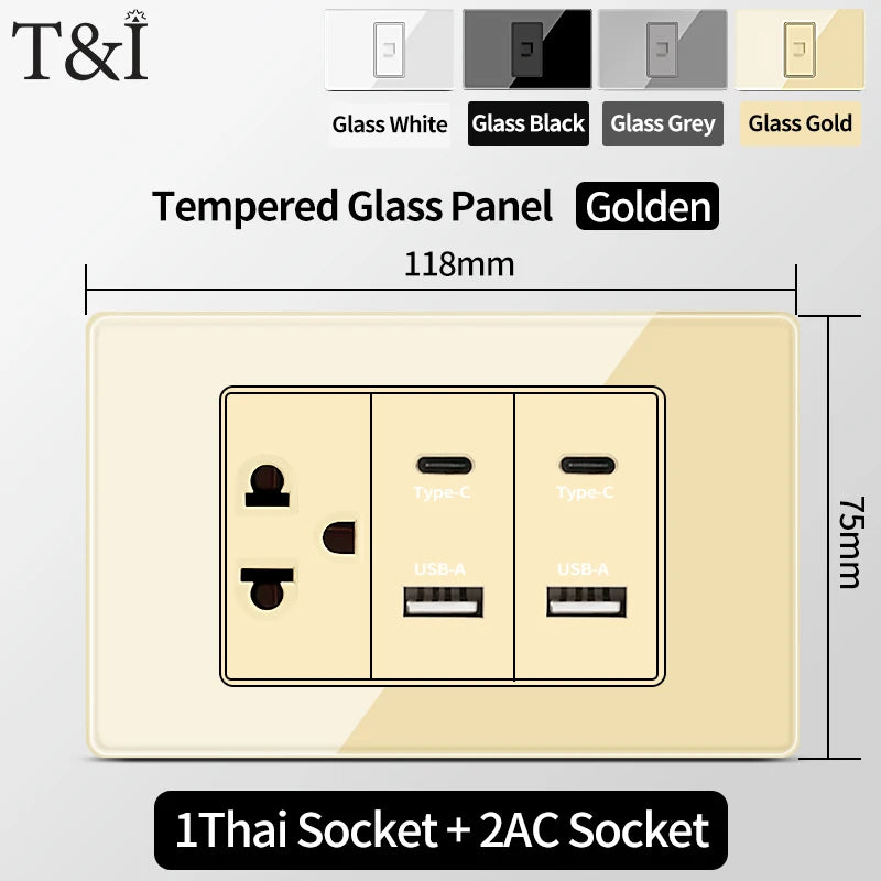 T&I US Standard 118 Wall Outlet with Switch, Tempered Glass Panel, USB and Type-C Charging Ports