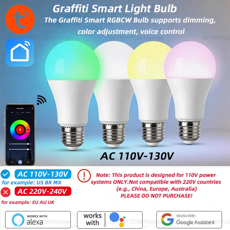 Tuya Smart WiFi LED Light Bulbs 220V 110V 10W 15W 20W E27 Alexa LED Lamp RGB Smart Life APP Google Assisatnt Voice Control