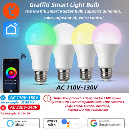 Tuya Smart WiFi LED Light Bulbs 220V 110V 10W 15W 20W E27 Alexa LED Lamp RGB Smart Life APP Google Assisatnt Voice Control