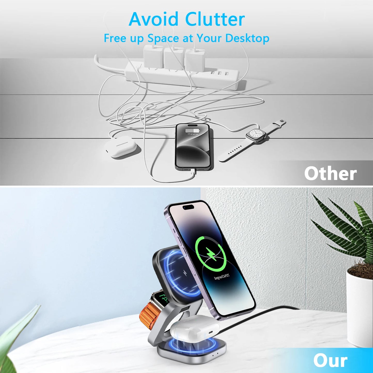 3 in 1 Wireless Charging Stand - Magnetic, Foldable, Fast Charging for iPhone, iWatch, AirPods，usb c to lightning adapter