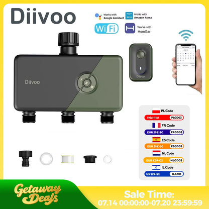 Diivoo-WiFi Garden Watering Timer, Smart Sprinkler Irrigation Controller, Water Valve, 1, 2, 3 Zones