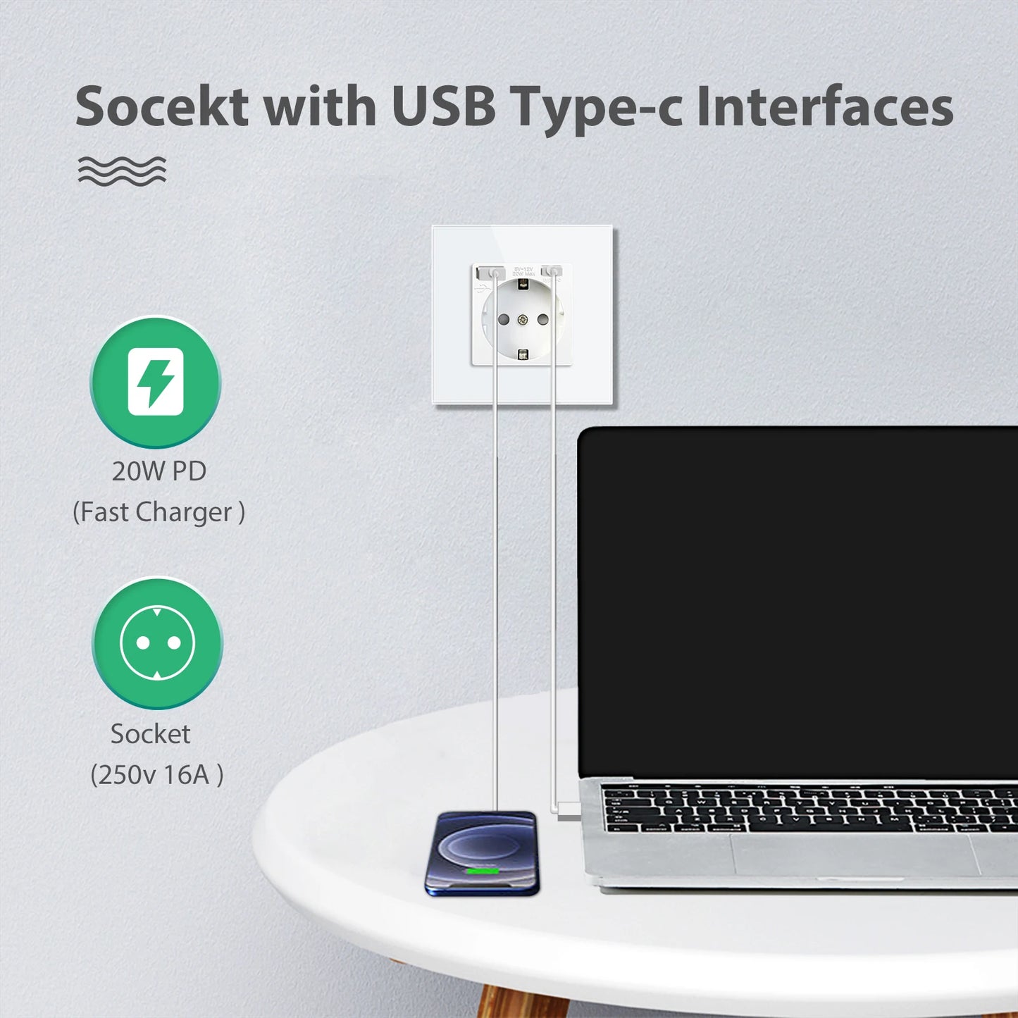 BSEED 20W PD Fast Charge Wall Socket Type-C Interface USB EU Standard Sockets Power Double Triple Power Outlets Wall Mounted