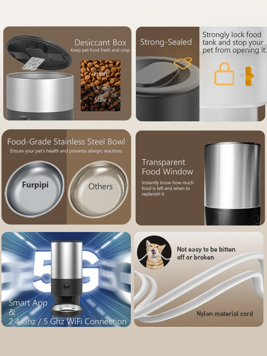 5L Button WiFi Automatic Cat Feeder with Stainless Steel Bowls Furpipi Smart Pet Cat and Dogs Food Dispenser Feeder Pet Feeder