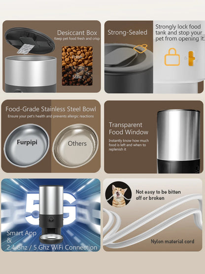 5L Button WiFi Automatic Cat Feeder with Stainless Steel Bowls Furpipi Smart Pet Cat and Dogs Food Dispenser Feeder Pet Feeder