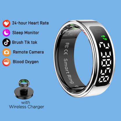 R11 Smart Ring with Display Screen and Touch Wireless Charging, Health Manager 5 ATM Waterproof For Men Women for iphone Android