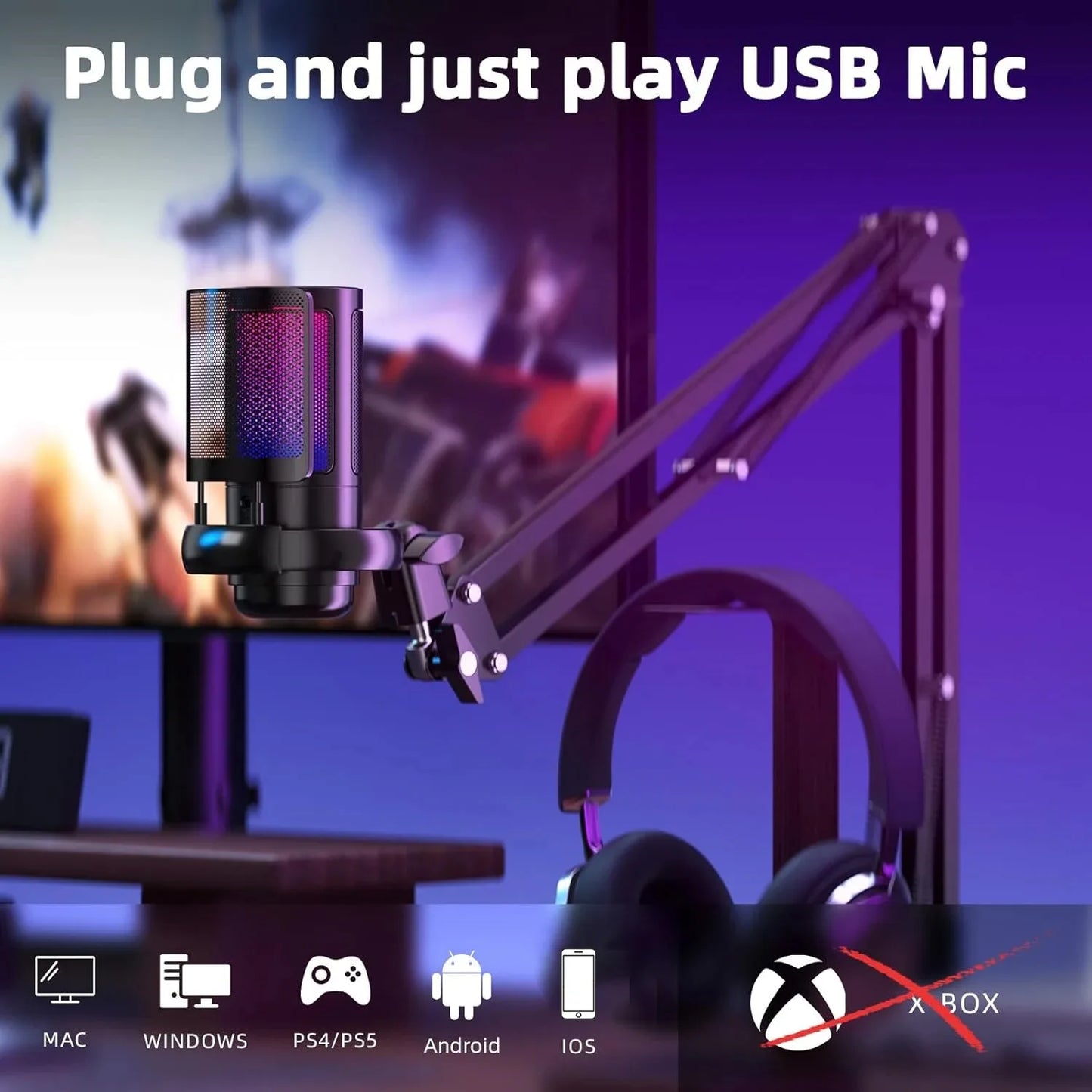 USB Gaming Microphone with Arm Stand Live Reverb Function Mute RGB Condenser Microphones for LiveStreaming Games Audio Recording