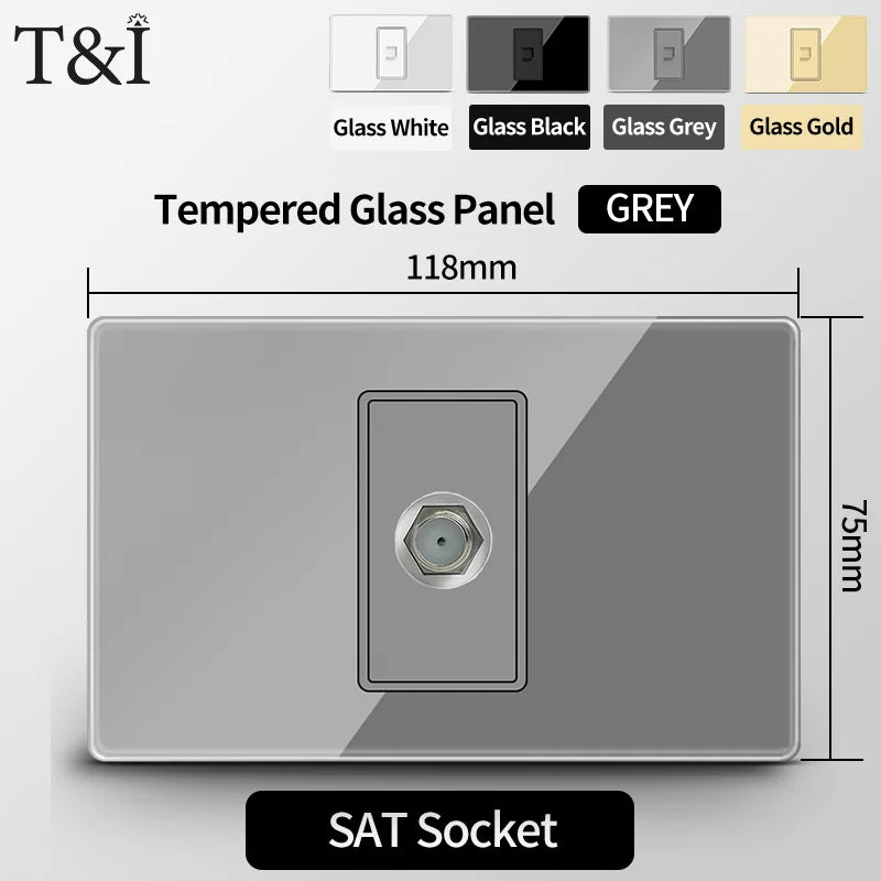 T&I US Standard 118 Wall Outlet with Switch, Tempered Glass Panel, USB and Type-C Charging Ports