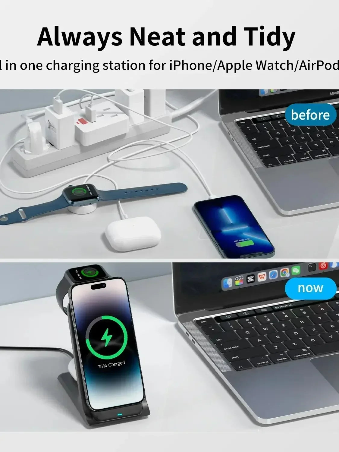 KPON 3 in 1 Wireless Charger Stand Fast Charging Station Dock For iPhone 16/15/14/13 Pro Max Apple iWatch 9/8/7/6/5 Airpods 3/2