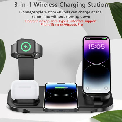 6 in 1 Wireless Charger Station for iPhone 16 15 14 13 12 11 Apple Watch Airpods Desk Phone Charger Fast Charging Dock Station