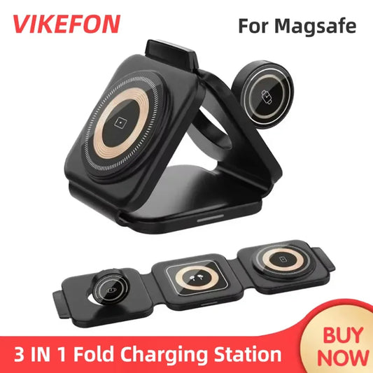 3-in-1 Charging Station Foldable Wireless Charger For Magsafe iPhone 16/15/14/13/12 Apple Watch 10/9/8 AirPods Pro Fast Chargers