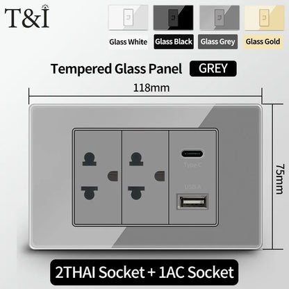 T&I US Standard 118 Wall Outlet with Switch, Tempered Glass Panel, USB and Type-C Charging Ports