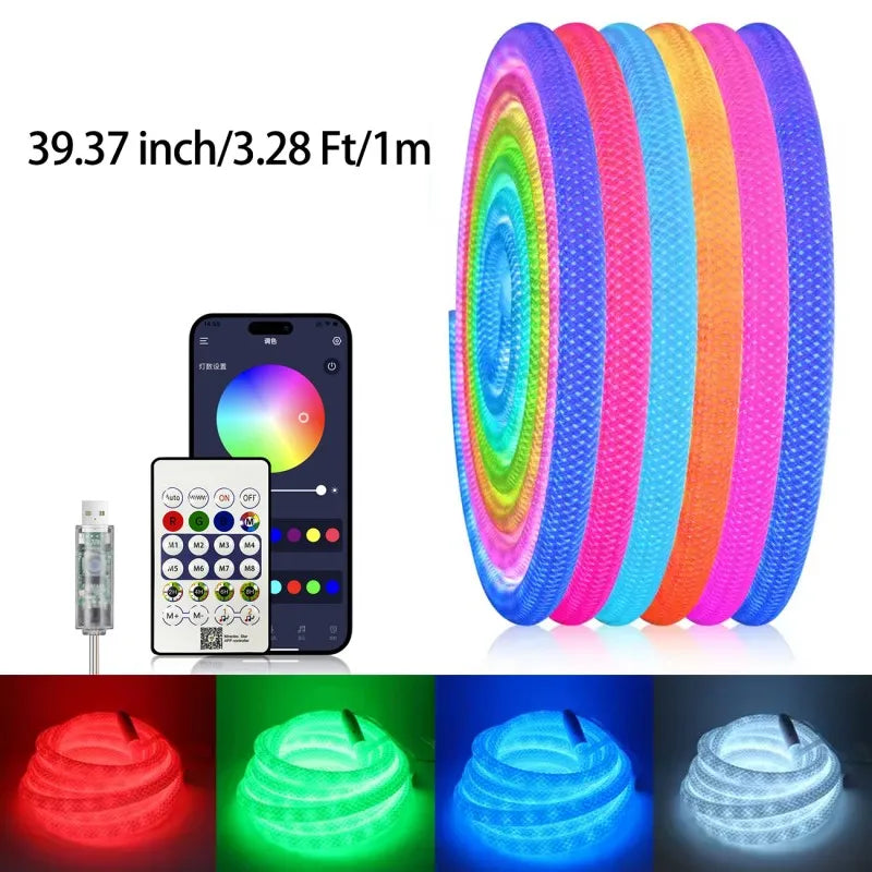 RGBIC Flexible Silicone LED Light Strip 5V Waterproof IP67 Round Reticulate Pattern 360 Degree Neon Glow Smart Rope Light