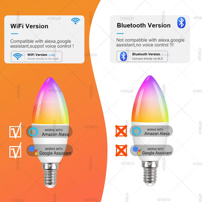 Tuya E14 Candle Lamp Smart Life App Control Smart Bulb WiFi Bluetooth RGB+CW LED Light 220V Dimmable Crystal Lamps Room Decorate