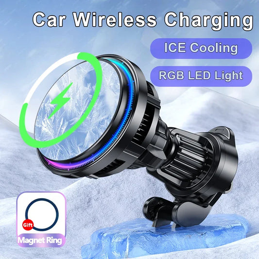 ice Cooling Magnetic Wireless Car Charger Stand for iPhone 16 15 14 13 12 Pro Max MacSafe Car Phone Holder Fast Charging Station