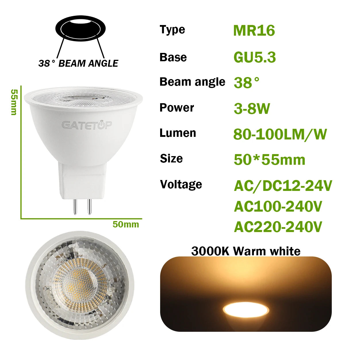 3PCS GU5.3 Base LED Spot Light MR16 Lampara No Flicker Full Voltage AC/DC12V AC 110V 220V Warm Lighting Suitable for Home Led