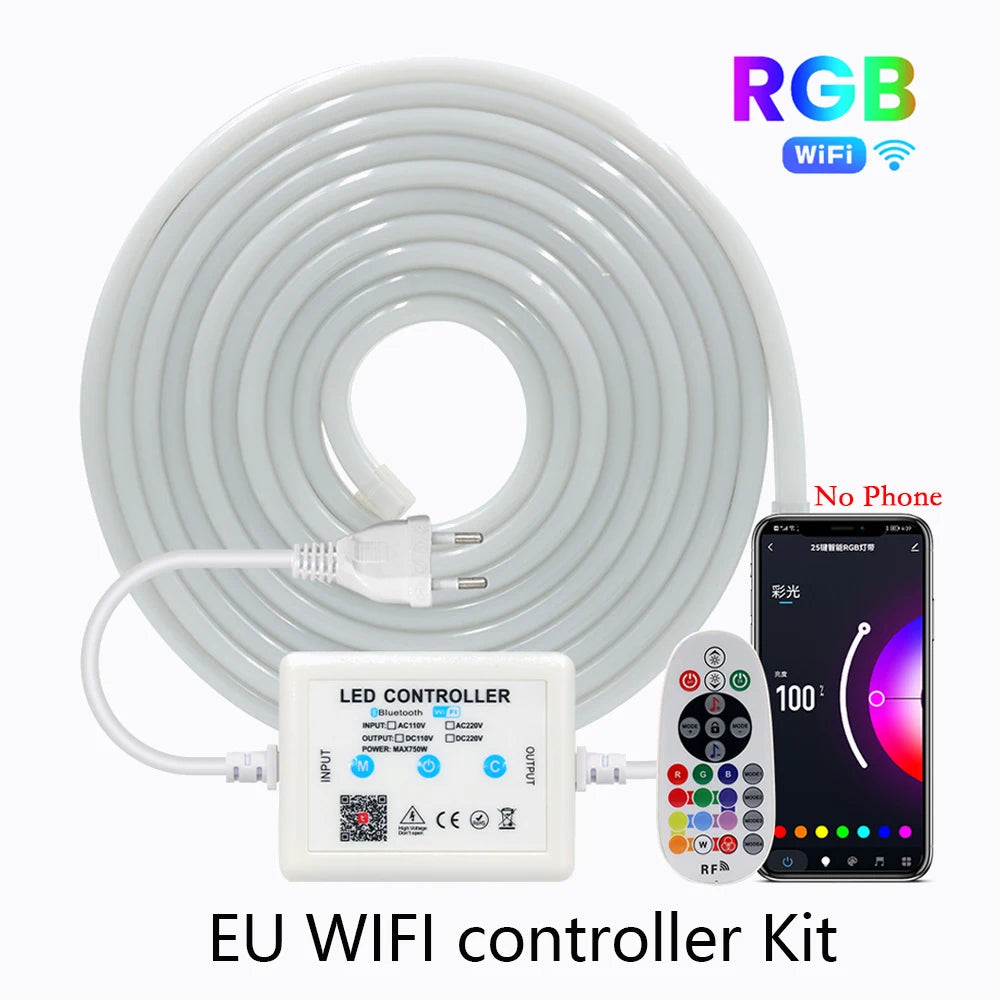 220V WIFI Tuya RGB Neon LED Strip Light Smart APP Remote 750W Controller Kit Waterproof 60 80LEDs/M EU US UK AU Plug Flex Lamp