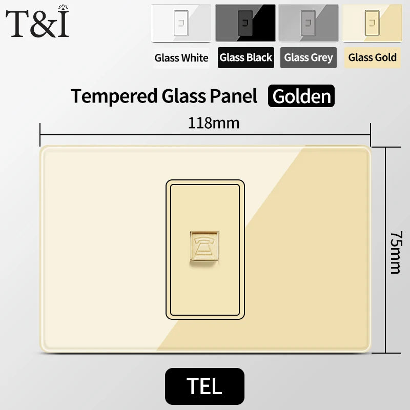 T&I US Standard 118 Wall Outlet with Switch, Tempered Glass Panel, USB and Type-C Charging Ports