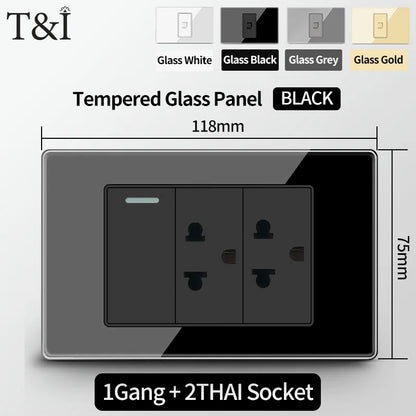 T&I US Standard 118 Wall Outlet with Switch, Tempered Glass Panel, USB and Type-C Charging Ports