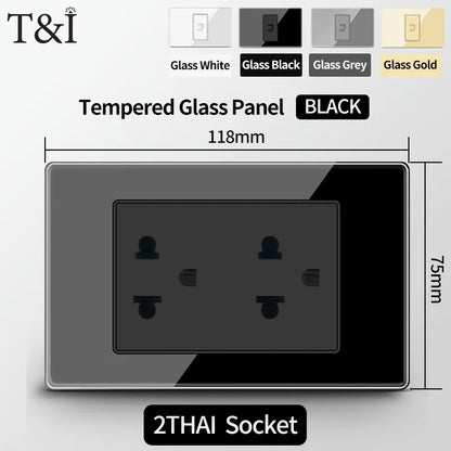 T&I US Standard 118 Wall Outlet with Switch, Tempered Glass Panel, USB and Type-C Charging Ports