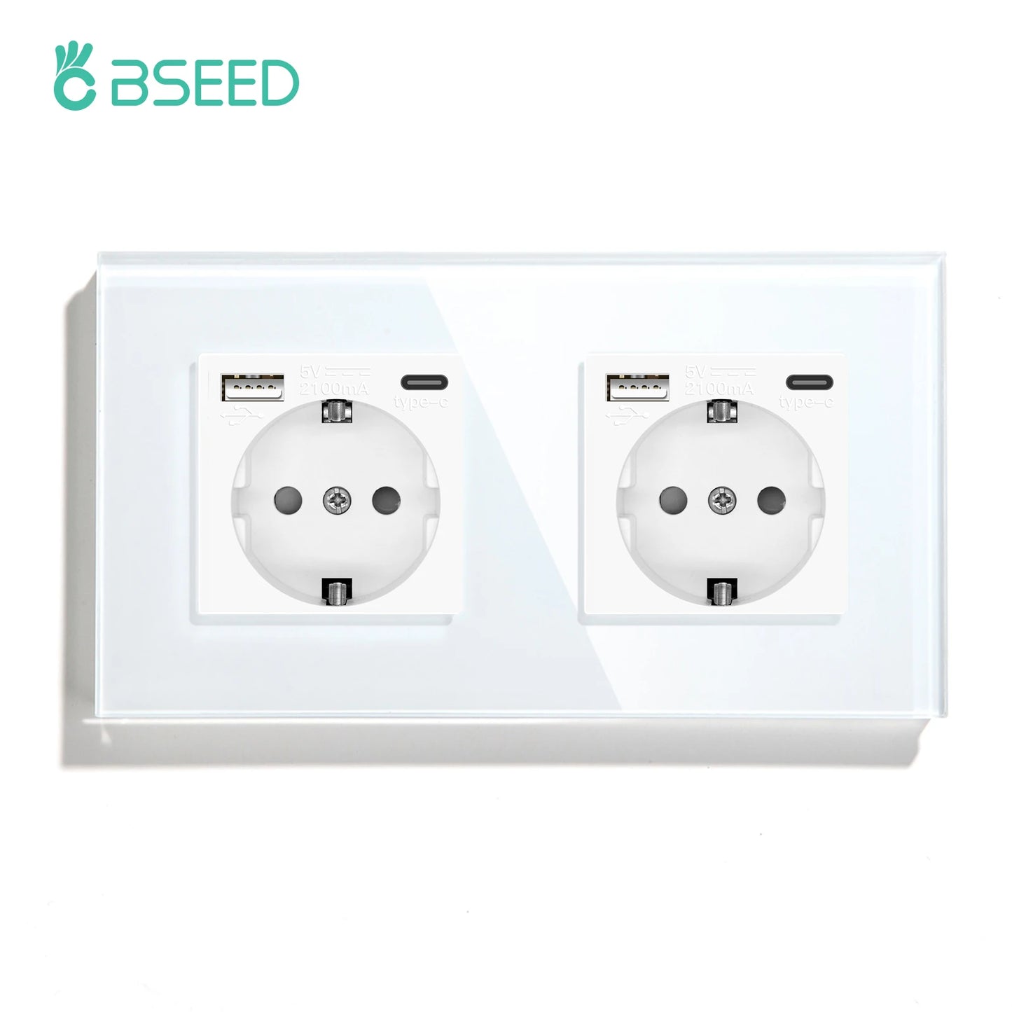 BSEED EU Standard USB Single Socket Touch Switch 1Gang 1Way White Crystal Sensor Wall Light Switch Power Double Sockets Outlets