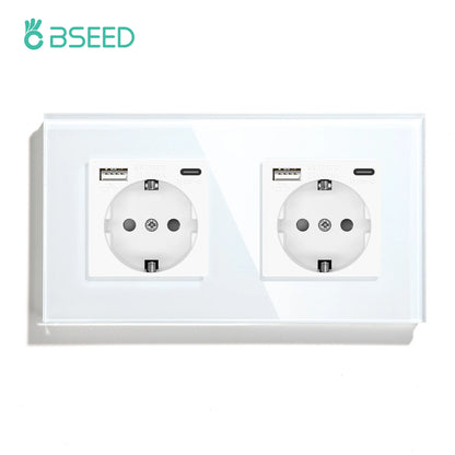 BSEED EU Standard USB Single Socket Touch Switch 1Gang 1Way White Crystal Sensor Wall Light Switch Power Double Sockets Outlets