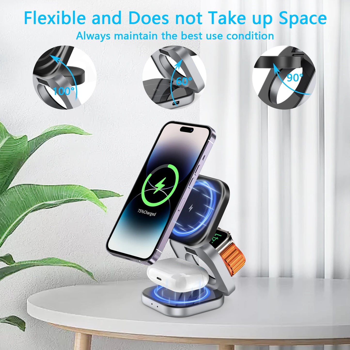 3 in 1 Wireless Charging Stand - Magnetic, Foldable, Fast Charging for iPhone, iWatch, AirPods，usb c to lightning adapter