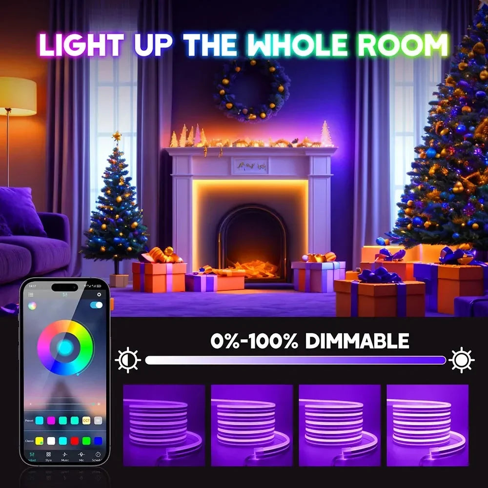 20M LED RGBIC Neon Rope Lights, 24V Music Sync App/Remote Control DIY Rope Light, 50ft LED Light Addressable Strip Gaming Room