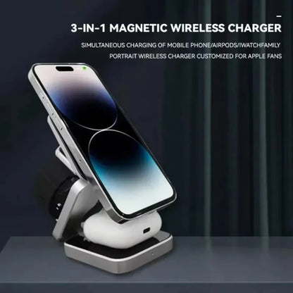 3 IN 1 Magnetic Fast Wirreless Charger Stand Foldable Desktop Phone Holder For Magsafe iPhone 16-12 Apple Watch 10/9/8/7 Airpods