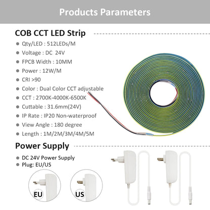 Tuya Smart Life CCT COB LED Strip Lights 24V FCOB LED Tape WIFI Dual White Dimmable Remote 5M Kit for Living Bedroom Room Decor