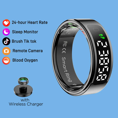 R11 Smart Ring with Display Screen and Touch Wireless Charging, Health Manager 5 ATM Waterproof For Men Women for iphone Android