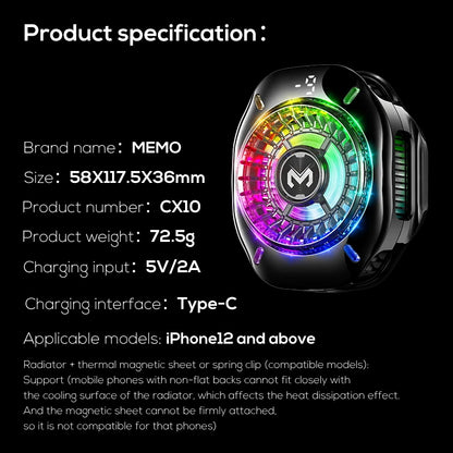 MEMO CX10 Semiconductor Phone Cooler with RGB Lights Magnetic Clip on Ice-Freezing Strong Cooling for Gaming & Live Streaming