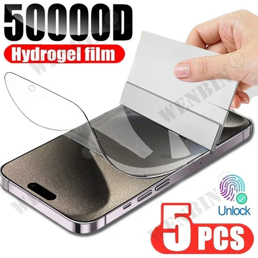 5 Pcs Hydrogel Film For iPhone 16 16e 15 14 13 12 11 Pro Max Plus 13 12 Mini 8 7 Plus SE XR X XS 6 Full Cover Screen Protector