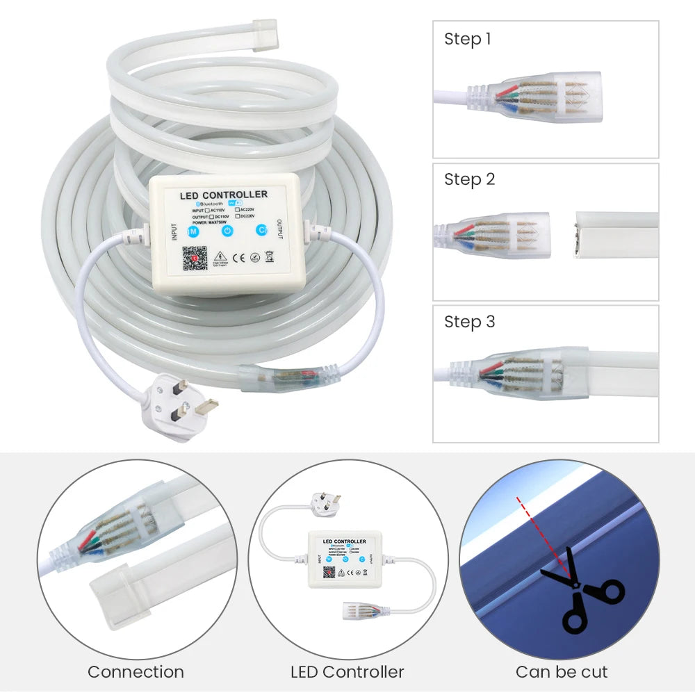 220V WIFI Tuya RGB Neon LED Strip Light Smart APP Remote 750W Controller Kit Waterproof 60 80LEDs/M EU US UK AU Plug Flex Lamp