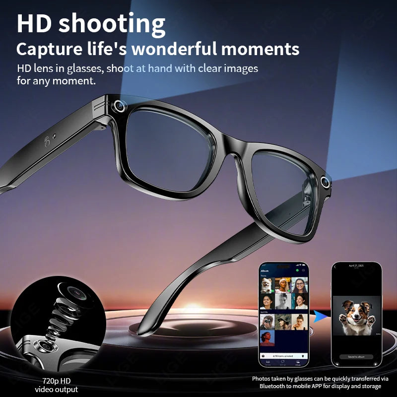 LIGE Fashion AI Camera Smart Glasses IP65 Waterproof Bluetooth Call Playing Music Smart Glasses Identify Pictures Use ChatGPT