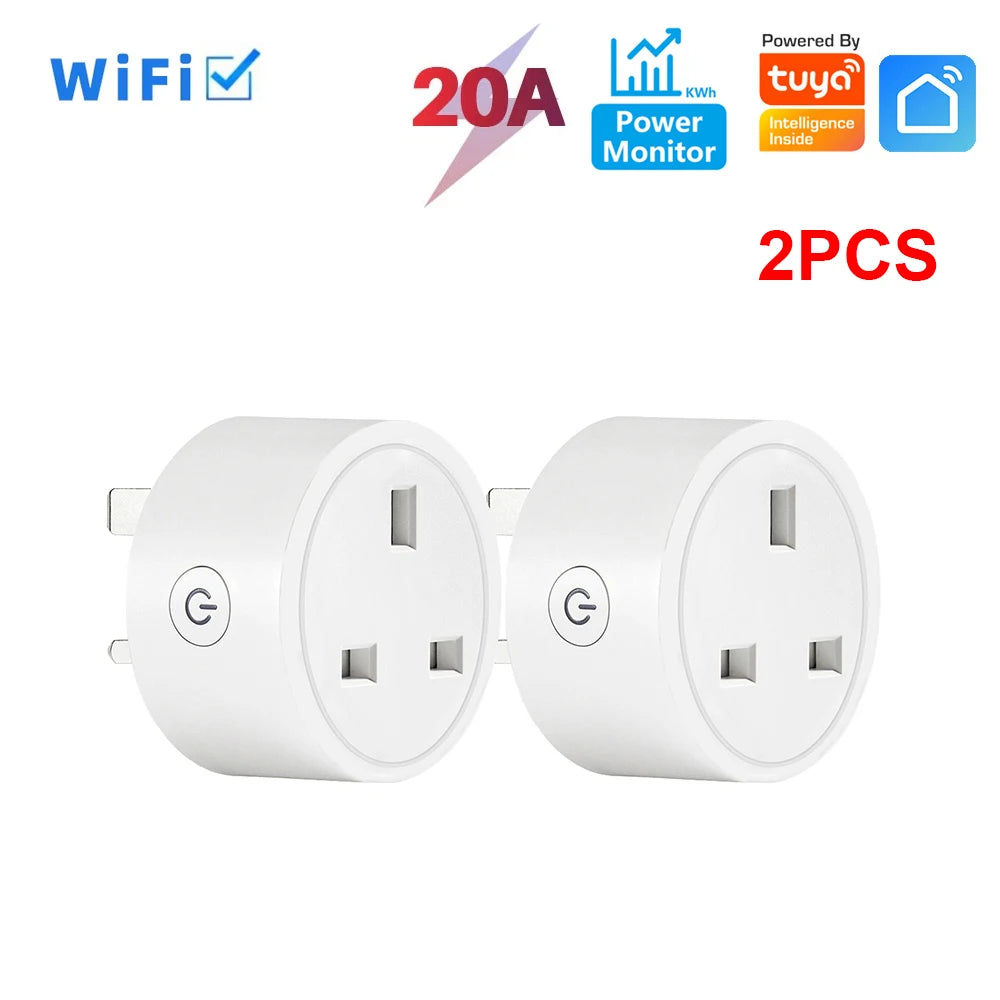 20A Tuya Smart Socket WiFi UK Plug 3 pin Adapter With Power Monitoring Timing Function Home Alexa Voice Control Power Outlet Set