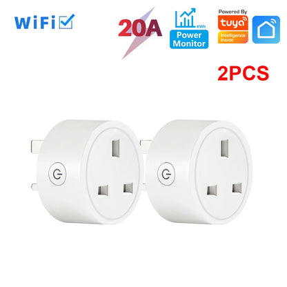 20A Tuya Smart Socket WiFi UK Plug 3 pin Adapter With Power Monitoring Timing Function Home Alexa Voice Control Power Outlet Set