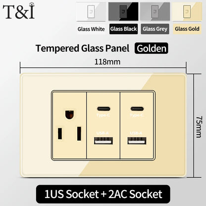 T&I US Standard 118 Wall Outlet with Switch, Tempered Glass Panel, USB and Type-C Charging Ports