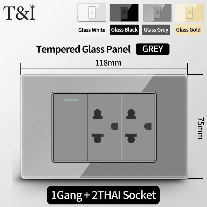 T&I US Standard 118 Wall Outlet with Switch, Tempered Glass Panel, USB and Type-C Charging Ports