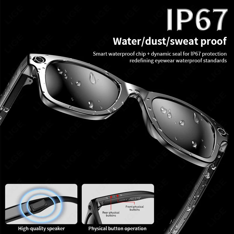 LIGE New Camera Smart Glasses Photograph Control Voice Recording Translation Bluetooth Call Sports Waterproof Anti-UV Sunglasses