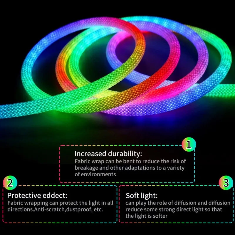 RGBIC Flexible Silicone LED Light Strip 5V Waterproof IP67 Round Reticulate Pattern 360 Degree Neon Glow Smart Rope Light
