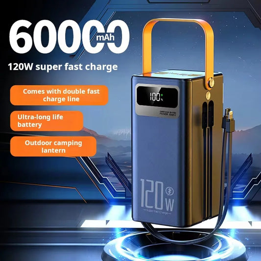 120W 60000mAh Power Bank Fast Charging Comes Two Wire External Battery Pack with Flashlight Outdoors for Huawei Xiaomi IPhone