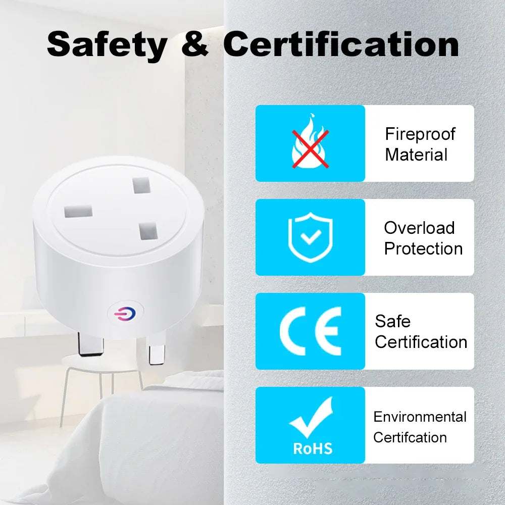 20A Tuya Smart Socket WiFi UK Plug 3 pin Adapter With Power Monitoring Timing Function Home Alexa Voice Control Power Outlet Set