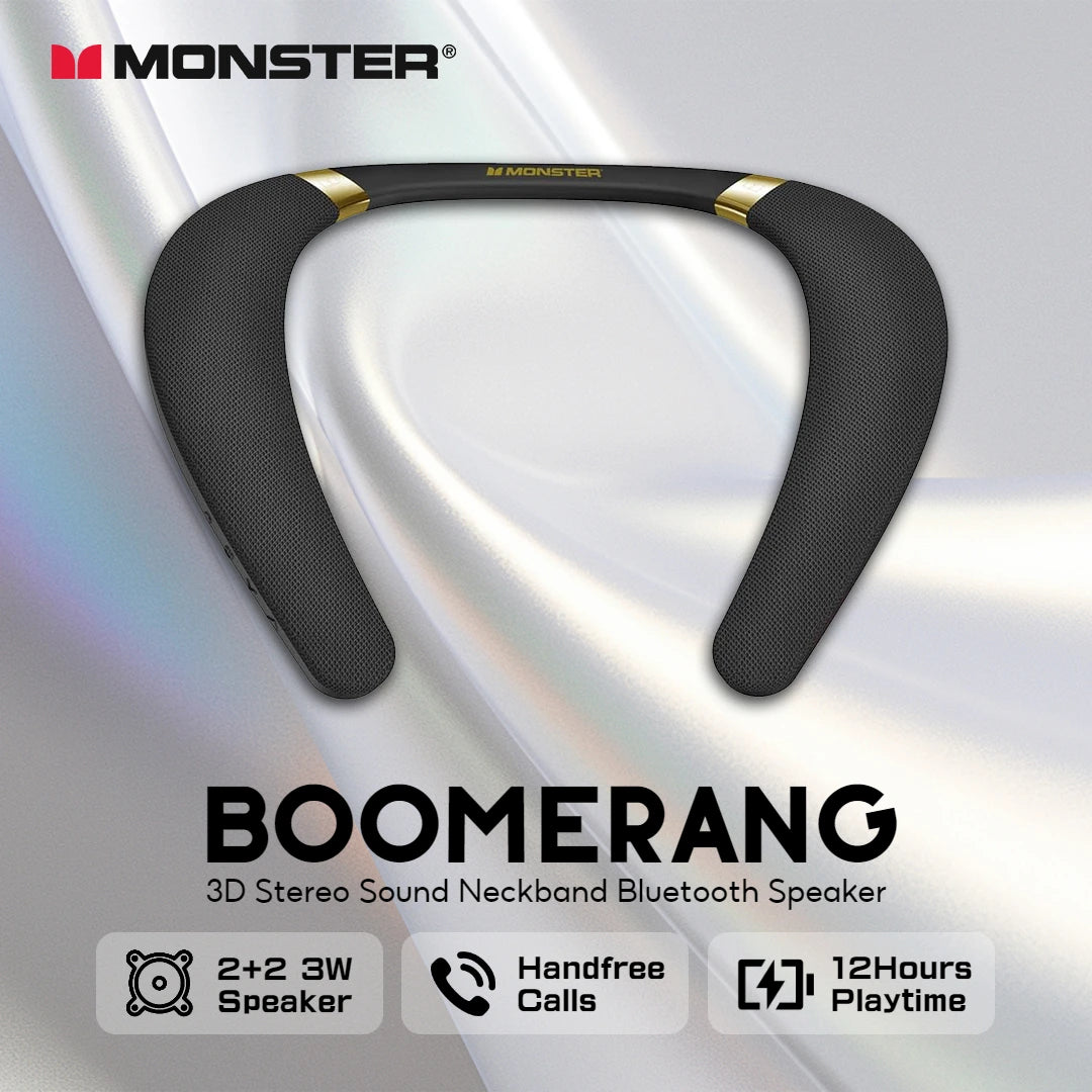 Monster Boomerang Neck Band Bluetooth Speaker 3D Stereo Sound Neckband Speaker IPX7 Waterproof Wireless Wearable Speaker