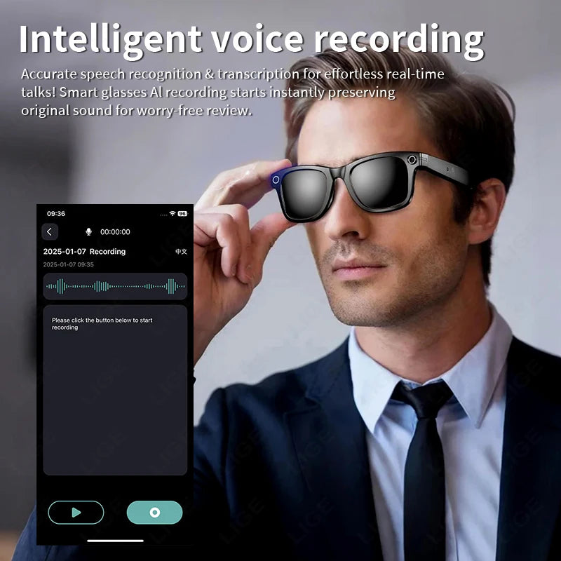 LIGE New Camera Smart Glasses Photograph Control Voice Recording Translation Bluetooth Call Sports Waterproof Anti-UV Sunglasses